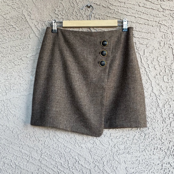 SEZANE Taupe Brown Wool Faux Wrap Mini Skirt Neutral Button Peter Skirt Sz 4 - Picture 3 of 12
